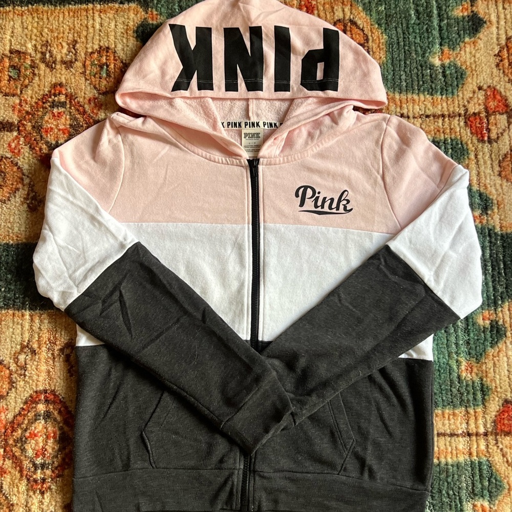 Victoria's Secret PINK Women's Light Pink, White, and Black Colorblock Hoodie